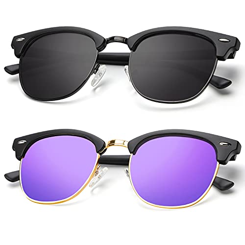 A15-(2 Pack) Matte Black | Purple | Golden Rim / Matte Black | Black | Black Rim Color Polarized Semi-Rimless Sunglasses for Men and Women