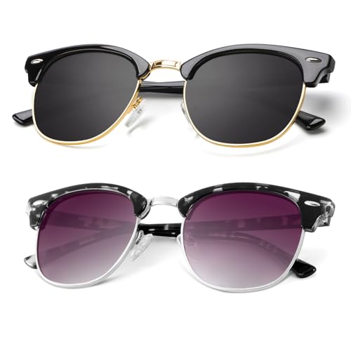 A22-(2 Pack) Glossy Black | Gold Rim / Glossy White Tortoise | Silver Rim Color Polarized Semi-Rimless Sunglasses for Men and Women