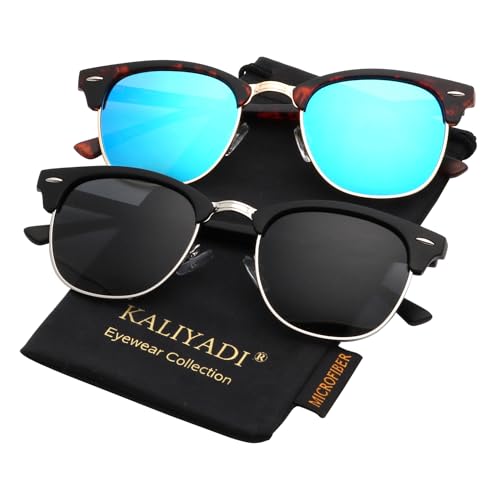 A03-(2 Pack) Matte Tortoise | Blue | Golden Rim / Matte Black | Black | Silver Rim Color Polarized Semi-Rimless Sunglasses for Men and Women
