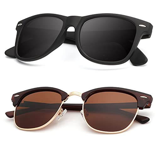 B05-(2 Pack) Matte Brown | Brown | Golden Rim / Matte Black Color Polarized Semi-Rimless Sunglasses for Men and Women