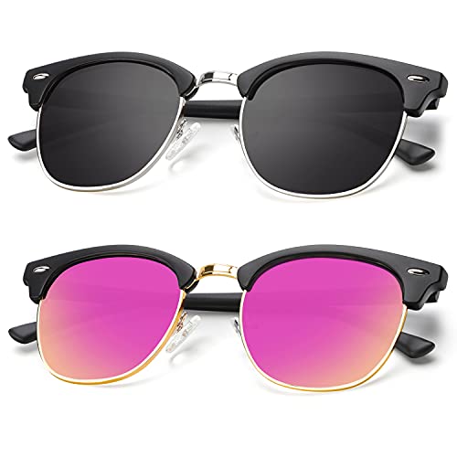 A16-(2 Pack) Matte Black | Gold Rim / Matte Black | Silver Rim Color Polarized Semi-Rimless Sunglasses for Men and Women