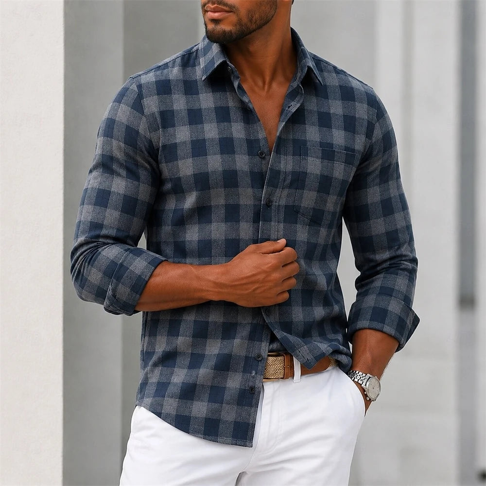 Men’s Plaid Button-Down Shirt Casual Long Sleeve