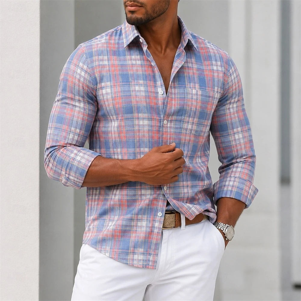 Men’s Plaid Button-Down Shirt Casual Long Sleeve