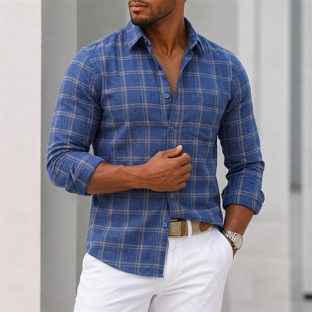Men’s Plaid Button-Down Shirt Casual Long Sleeve