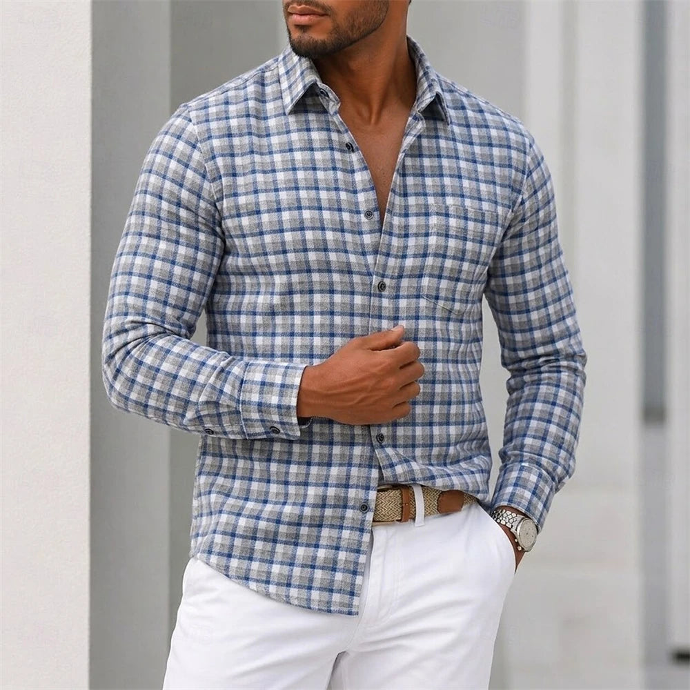 Men’s Plaid Button-Down Shirt Casual Long Sleeve
