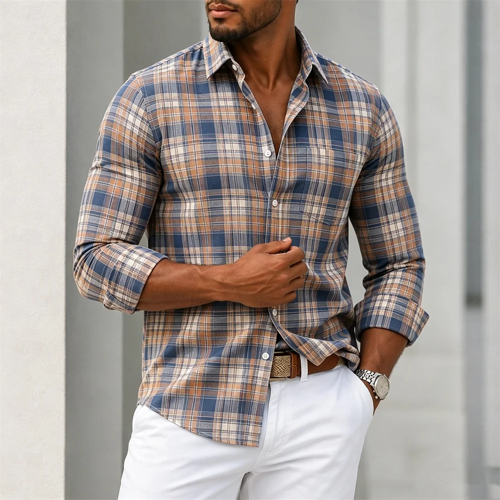 Men’s Plaid Button-Down Shirt Casual Long Sleeve