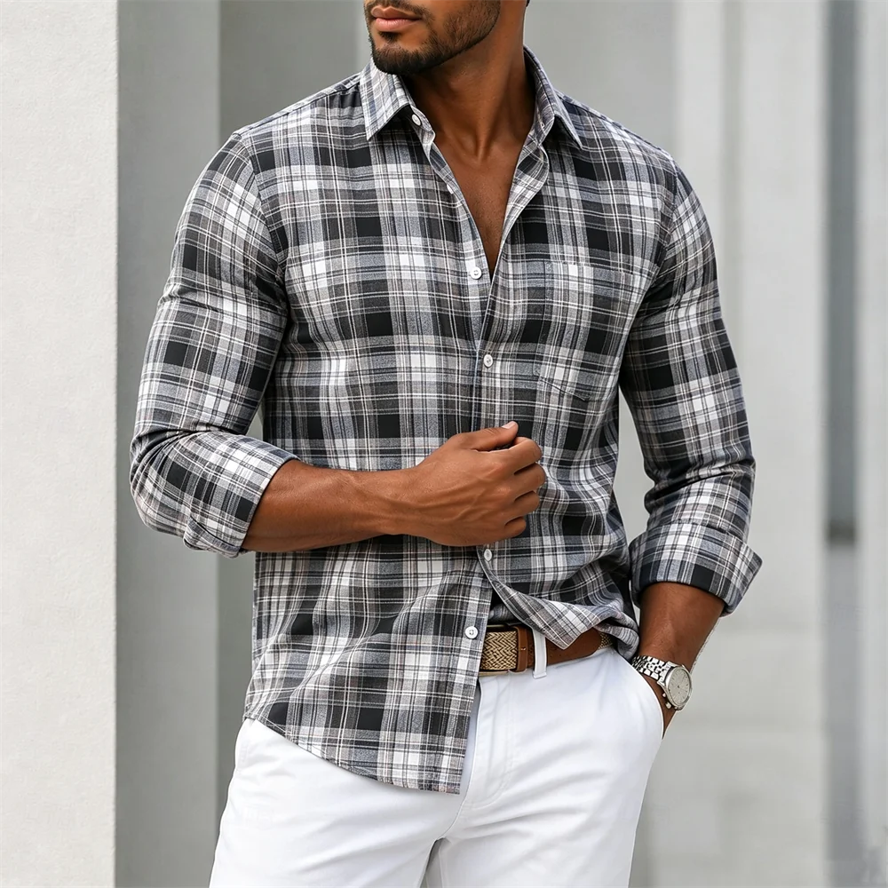 Men’s Plaid Button-Down Shirt Casual Long Sleeve