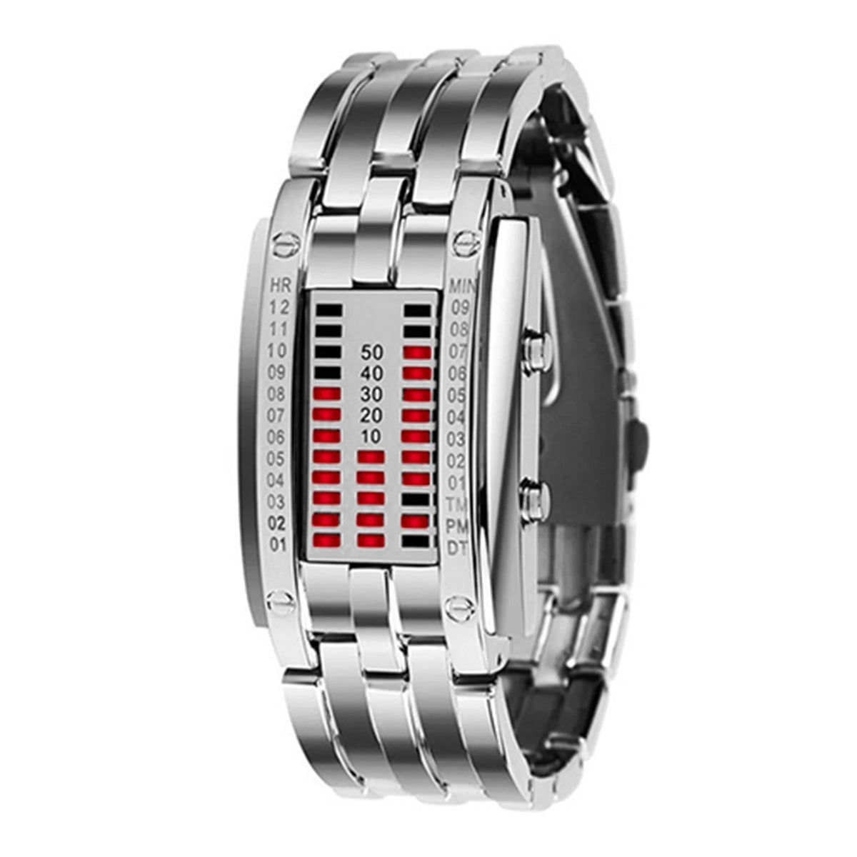 Red Silver Womens Color LED Binary Couple Watch With Stainless Steel Band