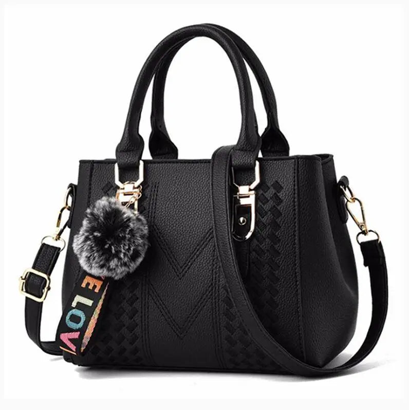 black Color Women’s PU Leather Satchel Handbag With Fur Charm