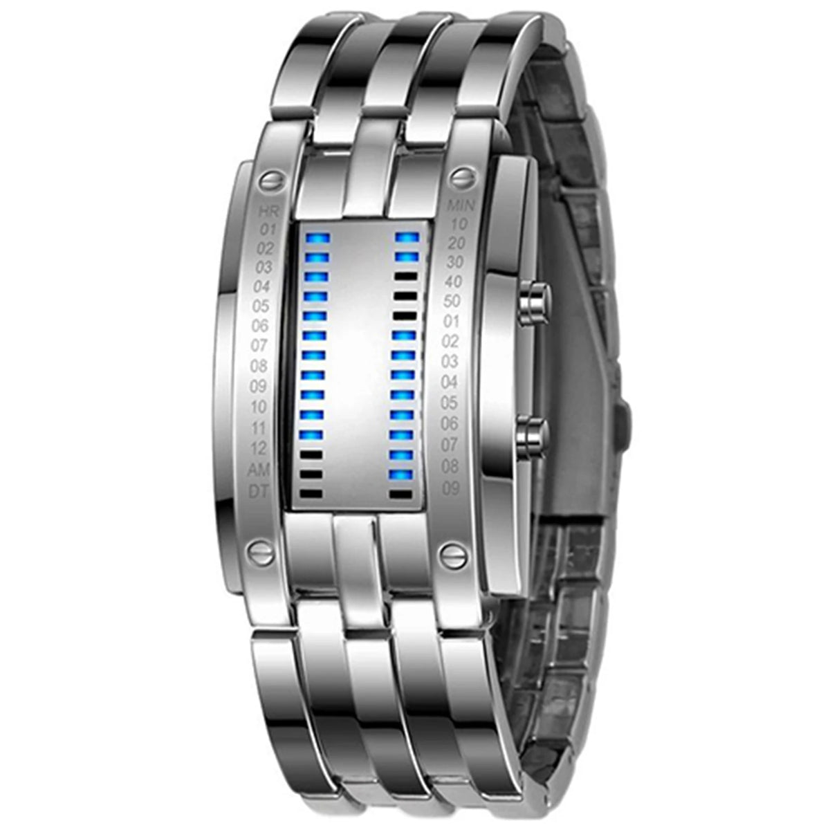 Blue Silver Mens Color LED Binary Couple Watch With Stainless Steel Band