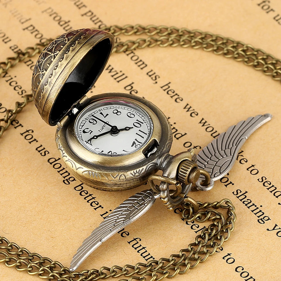 Vintage Bronze Quartz Pocket Watch With Feather Wings
