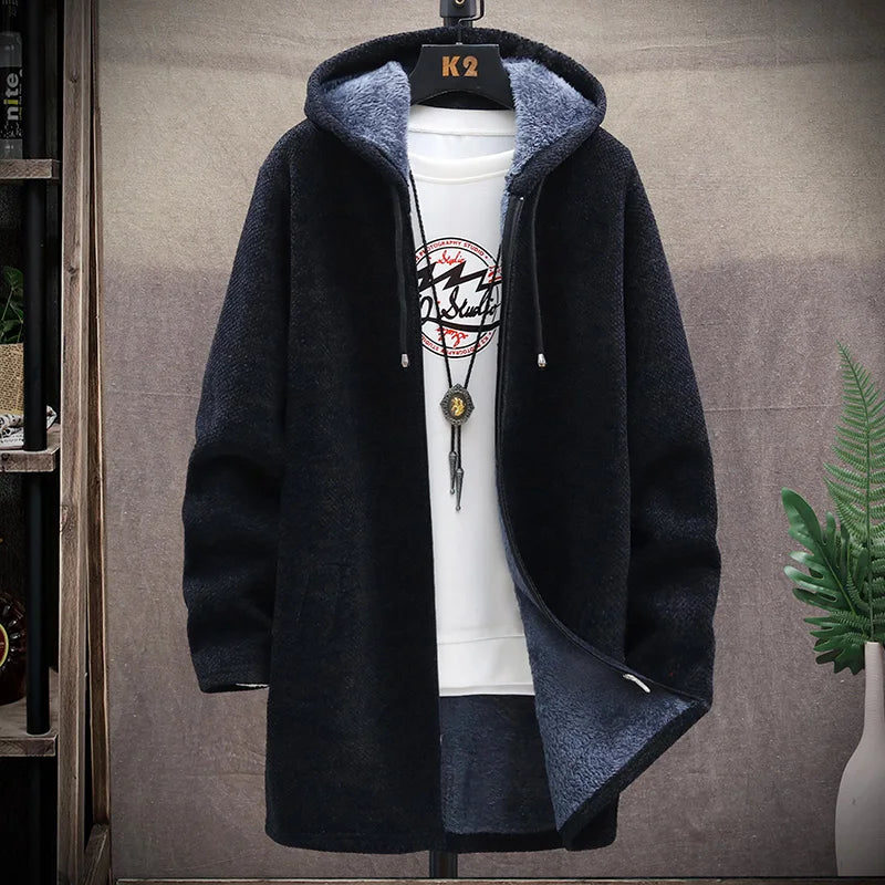 Men's Knit Hooded Cardigan Coat With Fleece Lining