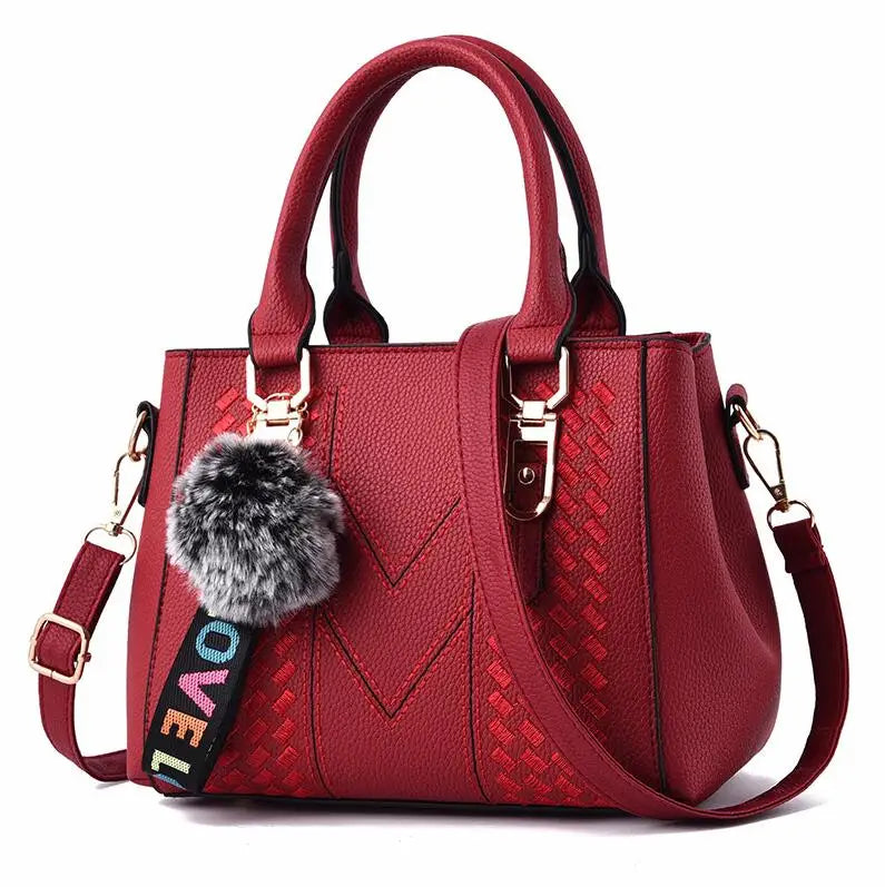 wine red Color Women’s PU Leather Satchel Handbag With Fur Charm