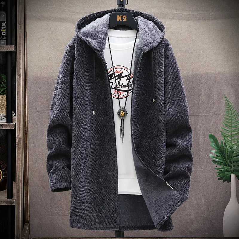 Men's Knit Hooded Cardigan Coat With Fleece Lining