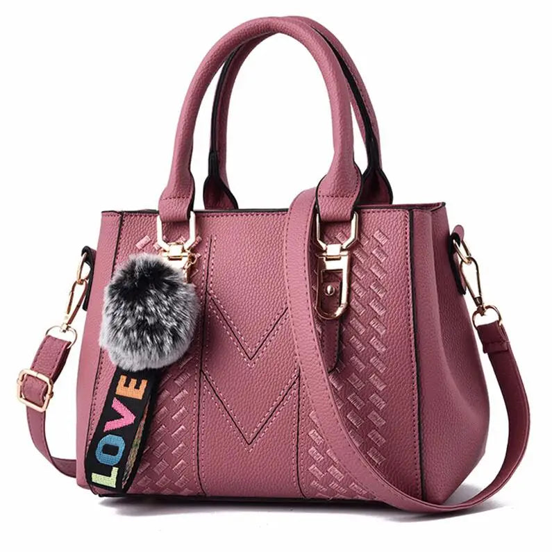dark pink Color Women’s PU Leather Satchel Handbag With Fur Charm