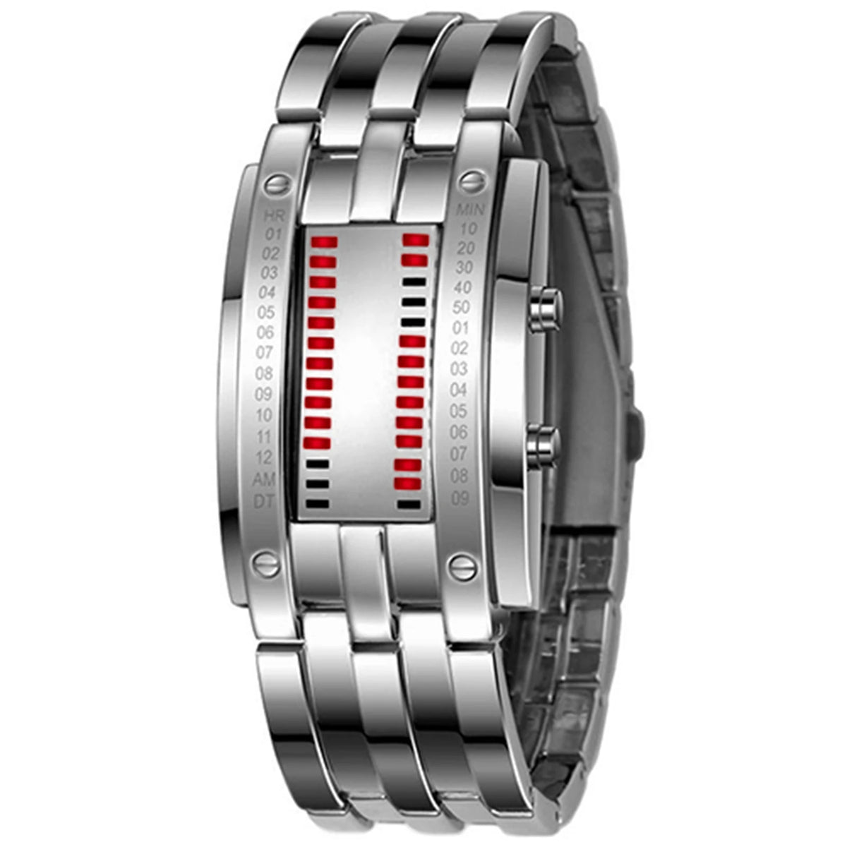 Red Silver Mens Color LED Binary Couple Watch With Stainless Steel Band
