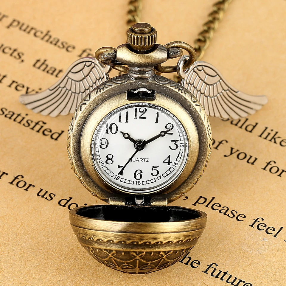 Vintage Bronze Quartz Pocket Watch With Feather Wings