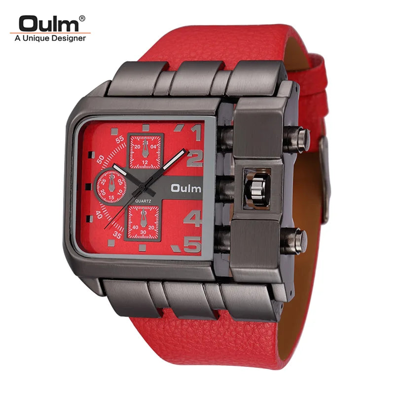 Red Color Men’s Square Sport Watch With Wide Big Dial Leather Strap
