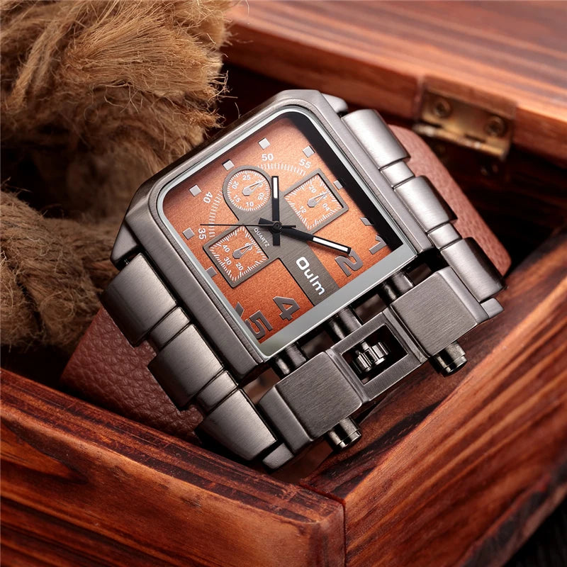 Men’s Square Sport Watch With Wide Big Dial Leather Strap