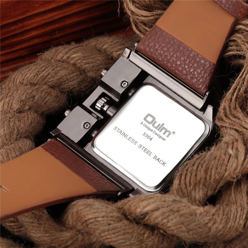 Men’s Square Sport Watch With Wide Big Dial Leather Strap