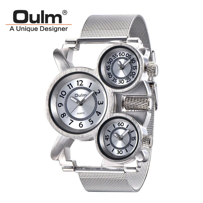 Silver Color Men's Triple Time Zone Military Style Quartz Watch