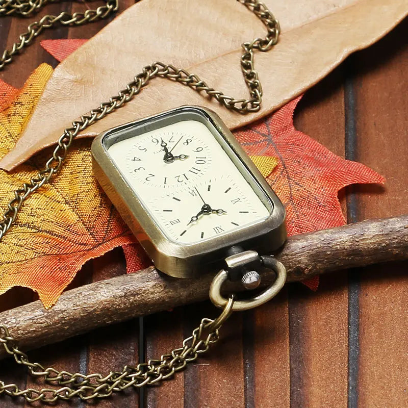 Vintage Quartz Pocket Watch Necklace With Dual Time