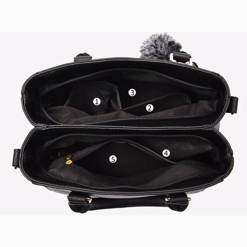 Women’s PU Leather Satchel Handbag With Fur Charm