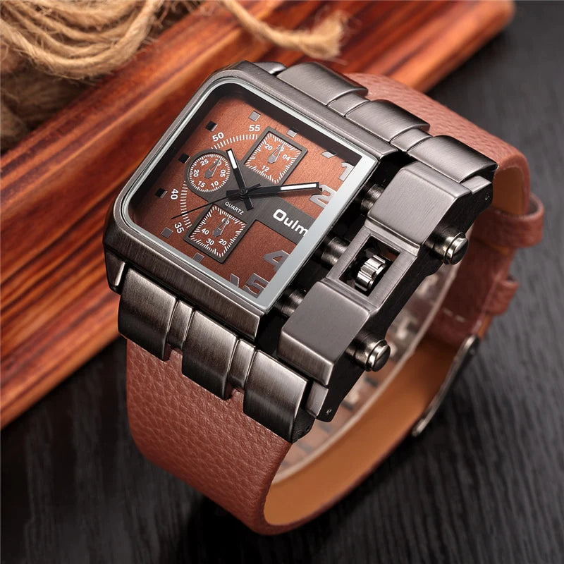 Men’s Square Sport Watch With Wide Big Dial Leather Strap