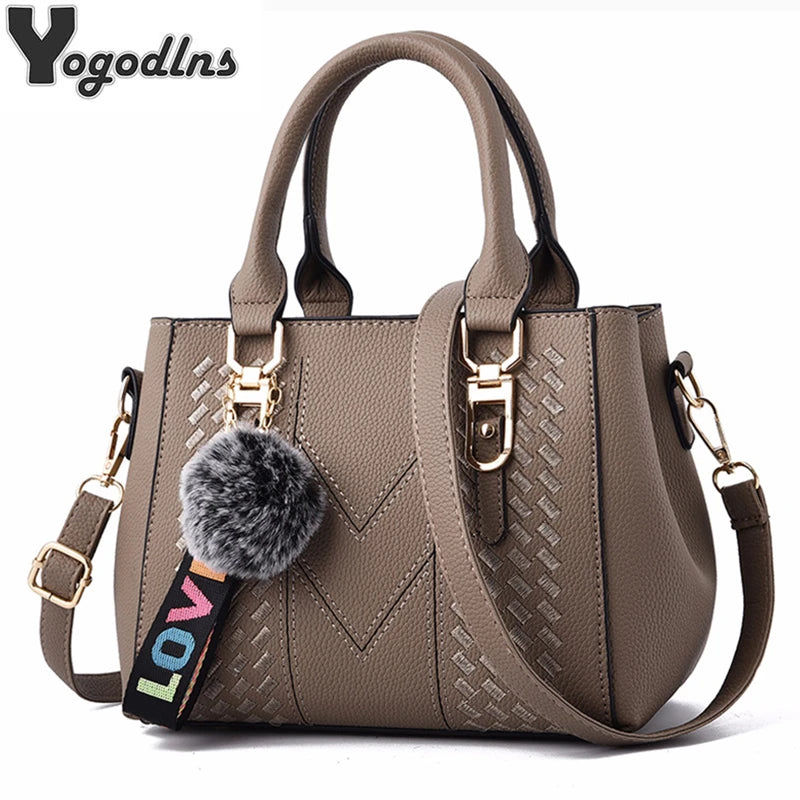 Women’s PU Leather Satchel Handbag With Fur Charm