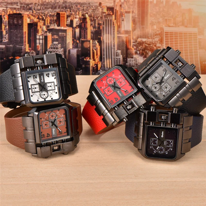 Men’s Square Sport Watch With Wide Big Dial Leather Strap