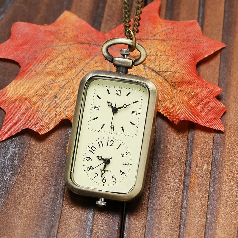 Vintage Quartz Pocket Watch Necklace With Dual Time