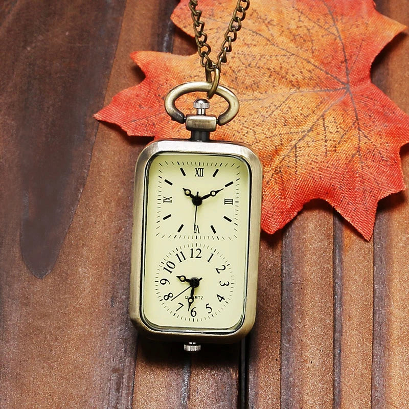 Vintage Quartz Pocket Watch Necklace With Dual Time