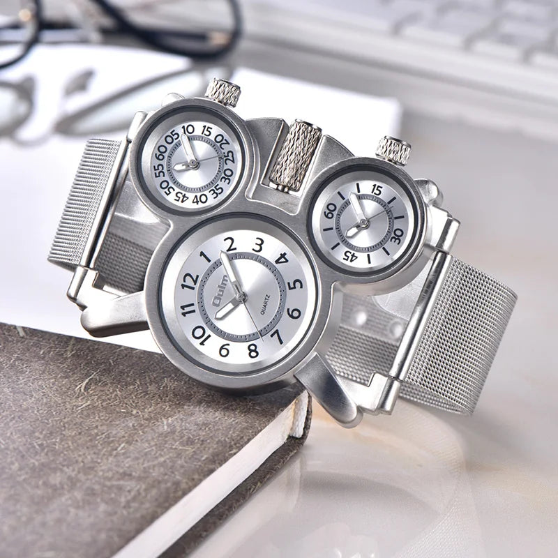 Men's Triple Time Zone Military Style Quartz Watch