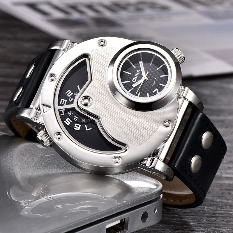 Silver Color Men’s Dual Time Zone Quartz Watch With PU Strap