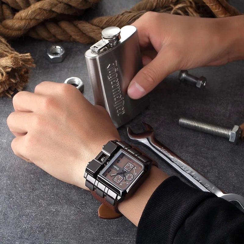 Men’s Square Sport Watch With Wide Big Dial Leather Strap