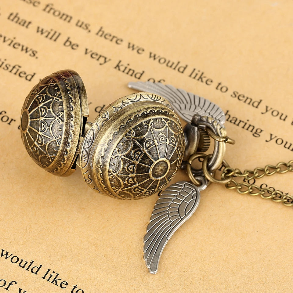 Vintage Bronze Quartz Pocket Watch With Feather Wings