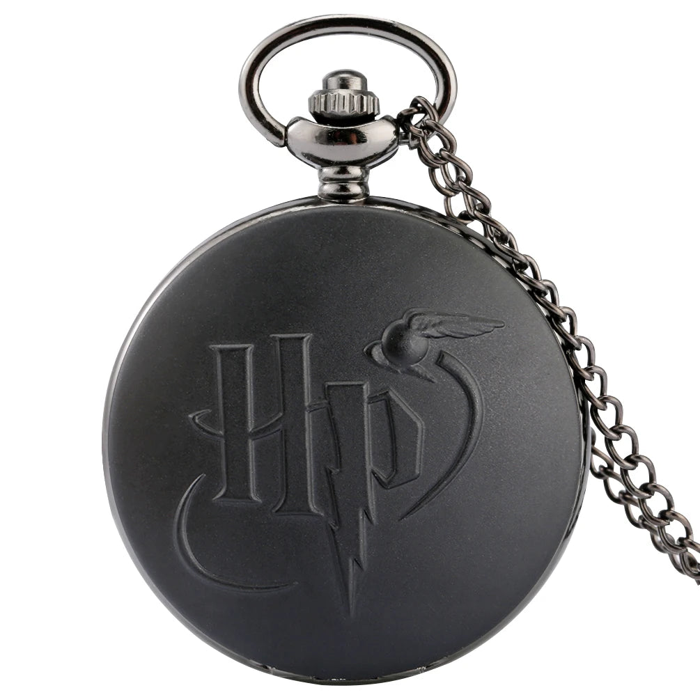 HP Black Color Anime Silver Pocket Watch Pendant – Quartz Necklace Clock