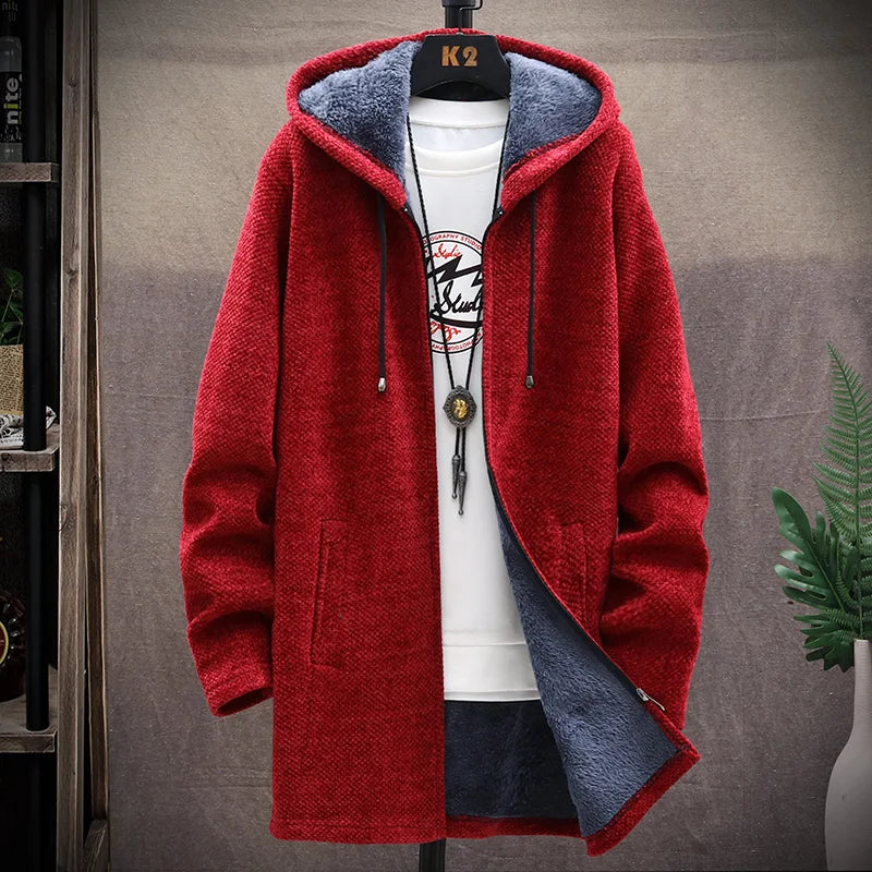 Men's Knit Hooded Cardigan Coat With Fleece Lining