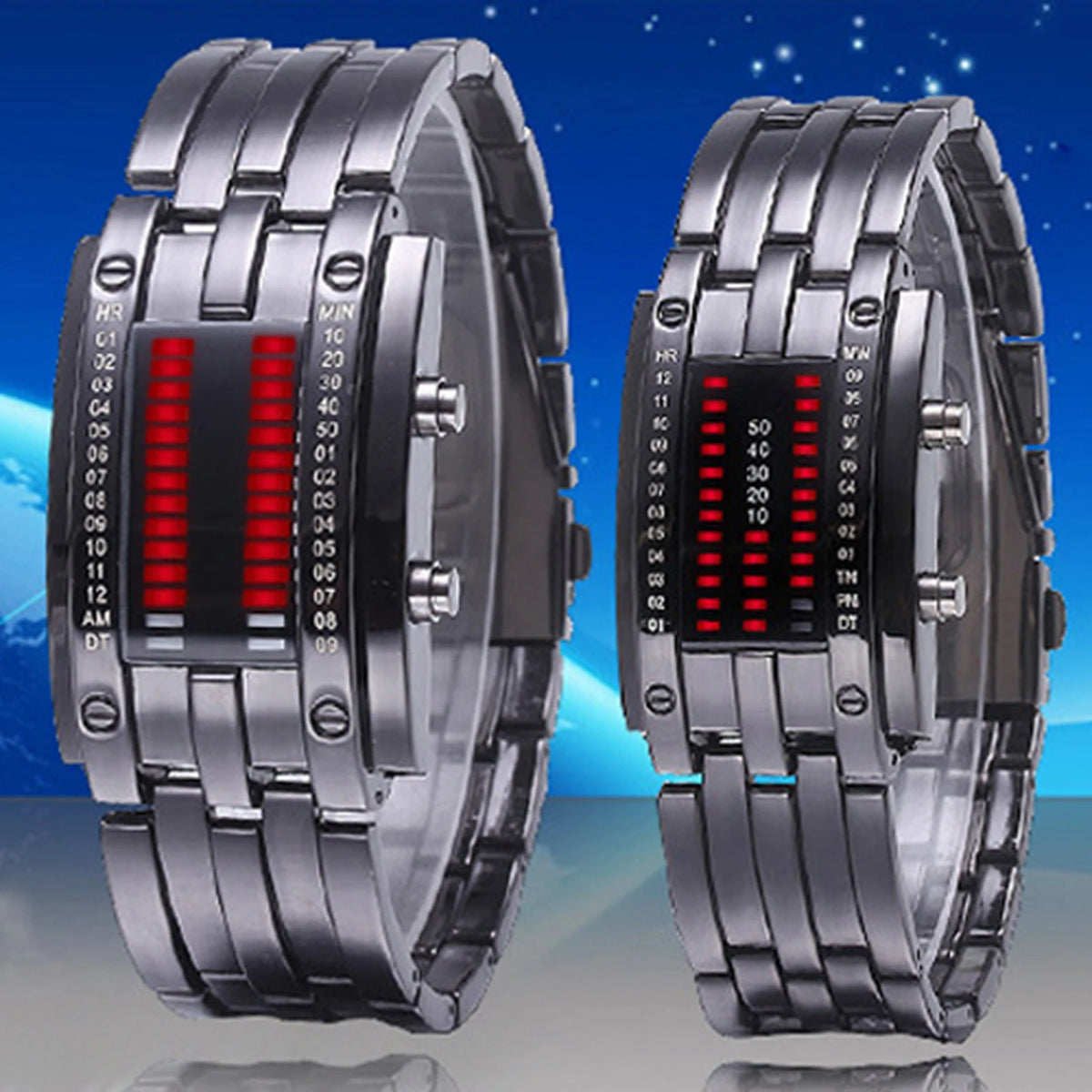 LED Binary Couple Watch With Stainless Steel Band