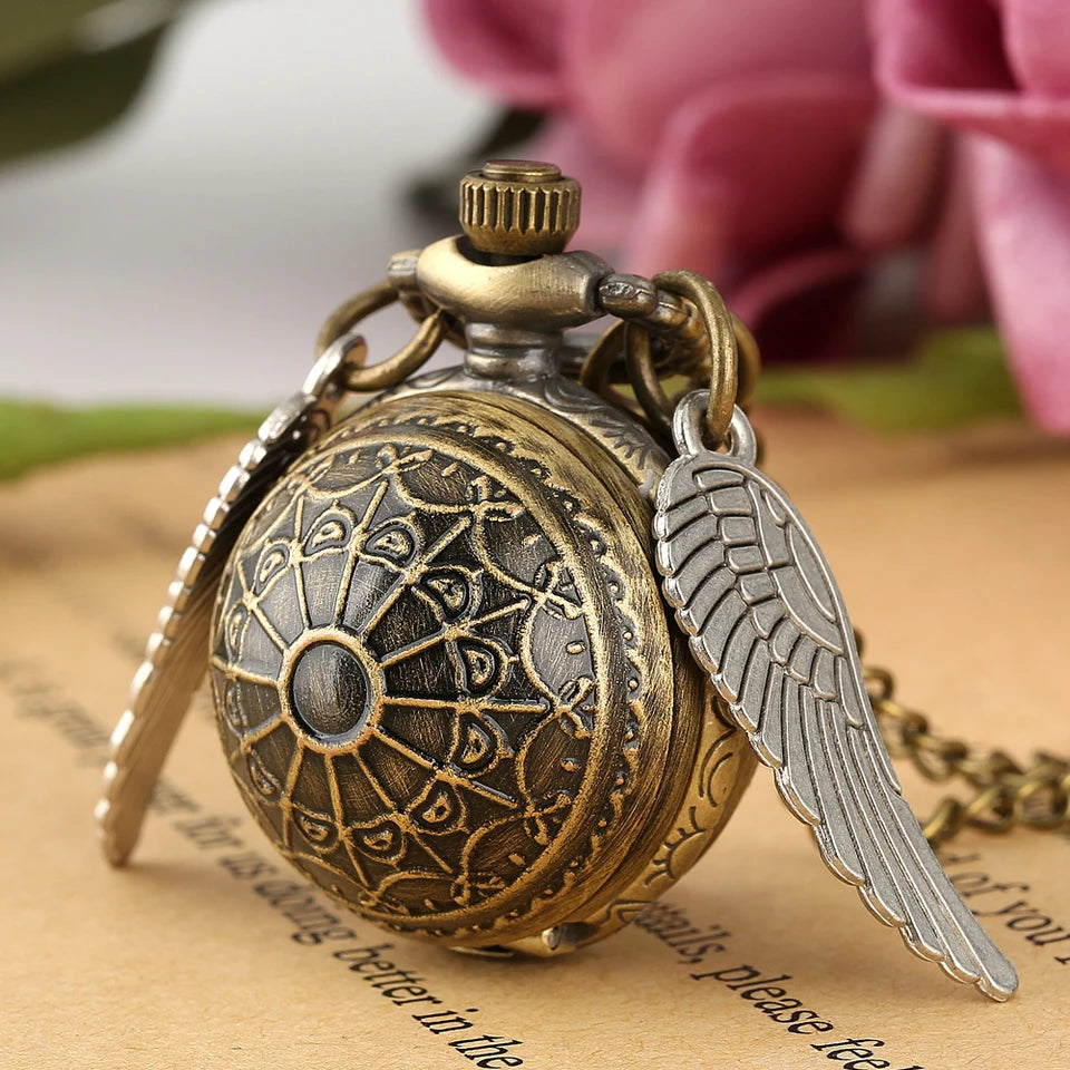 Vintage Bronze Quartz Pocket Watch With Feather Wings