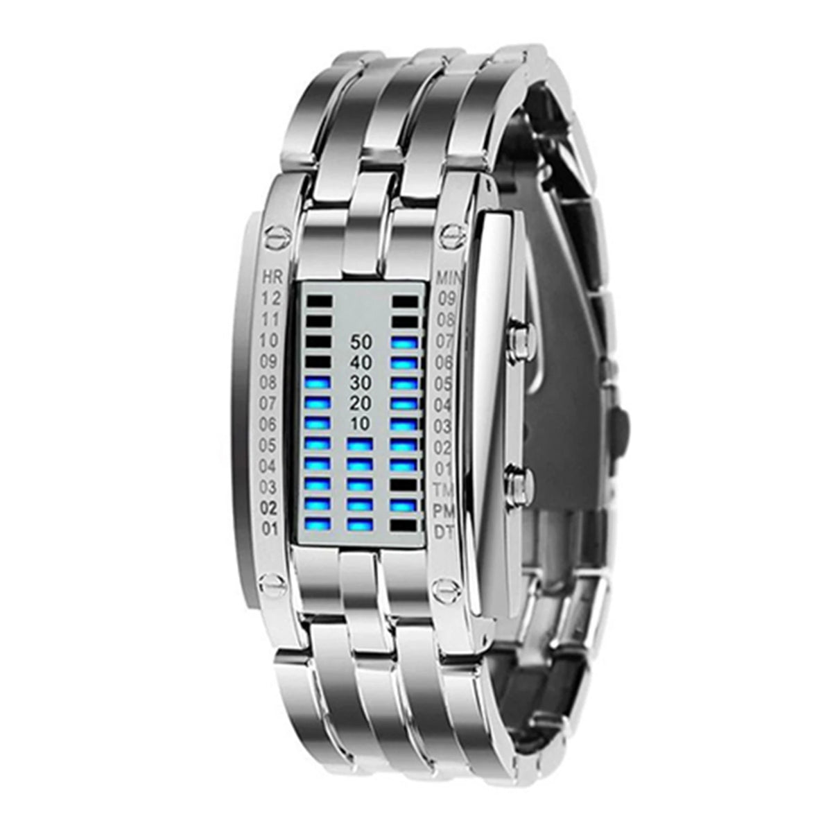 Blue Silver Womens Color LED Binary Couple Watch With Stainless Steel Band