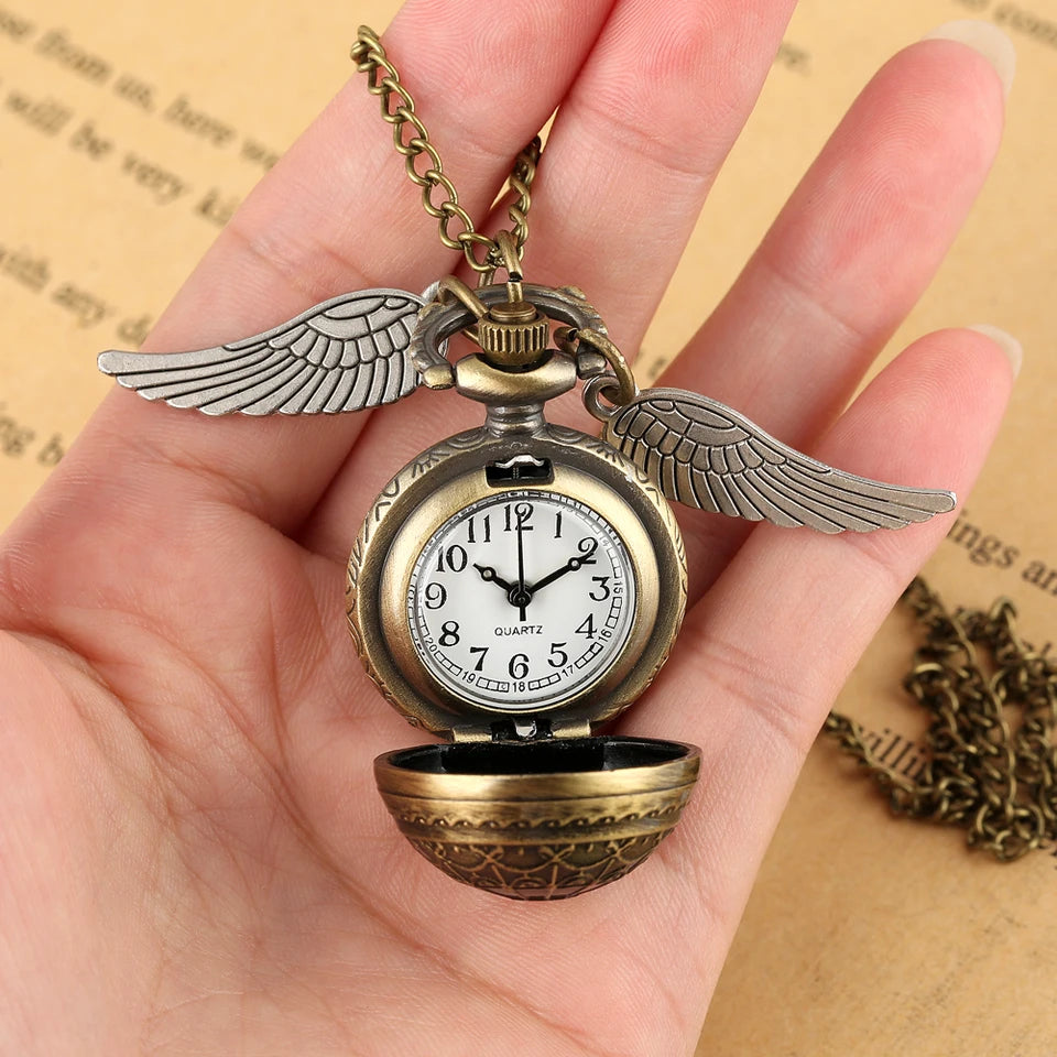 Vintage Bronze Quartz Pocket Watch With Feather Wings