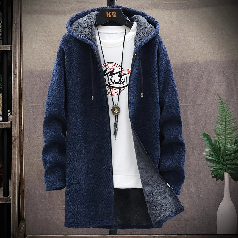 Men's Knit Hooded Cardigan Coat With Fleece Lining