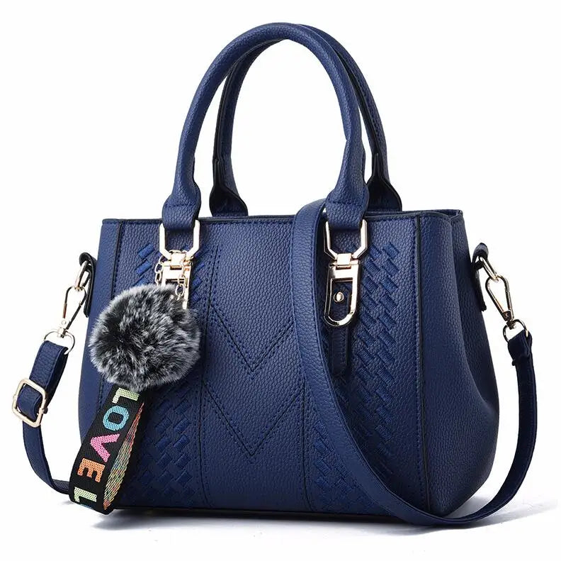 dark blue Color Women’s PU Leather Satchel Handbag With Fur Charm