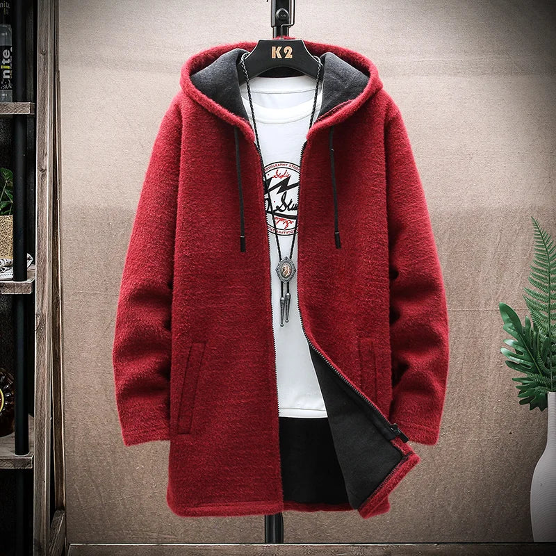 8828 Red wine Color Men's Knit Hooded Cardigan Coat With Fleece Lining