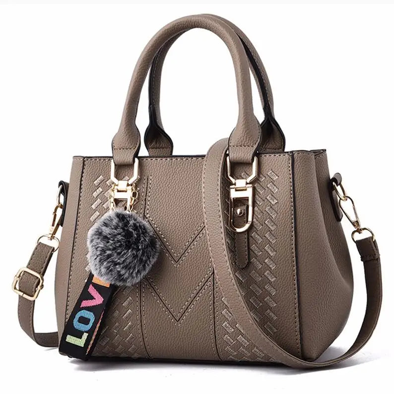khaki Color Women’s PU Leather Satchel Handbag With Fur Charm