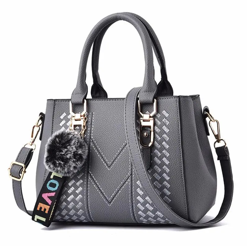 Grey Color Women’s PU Leather Satchel Handbag With Fur Charm
