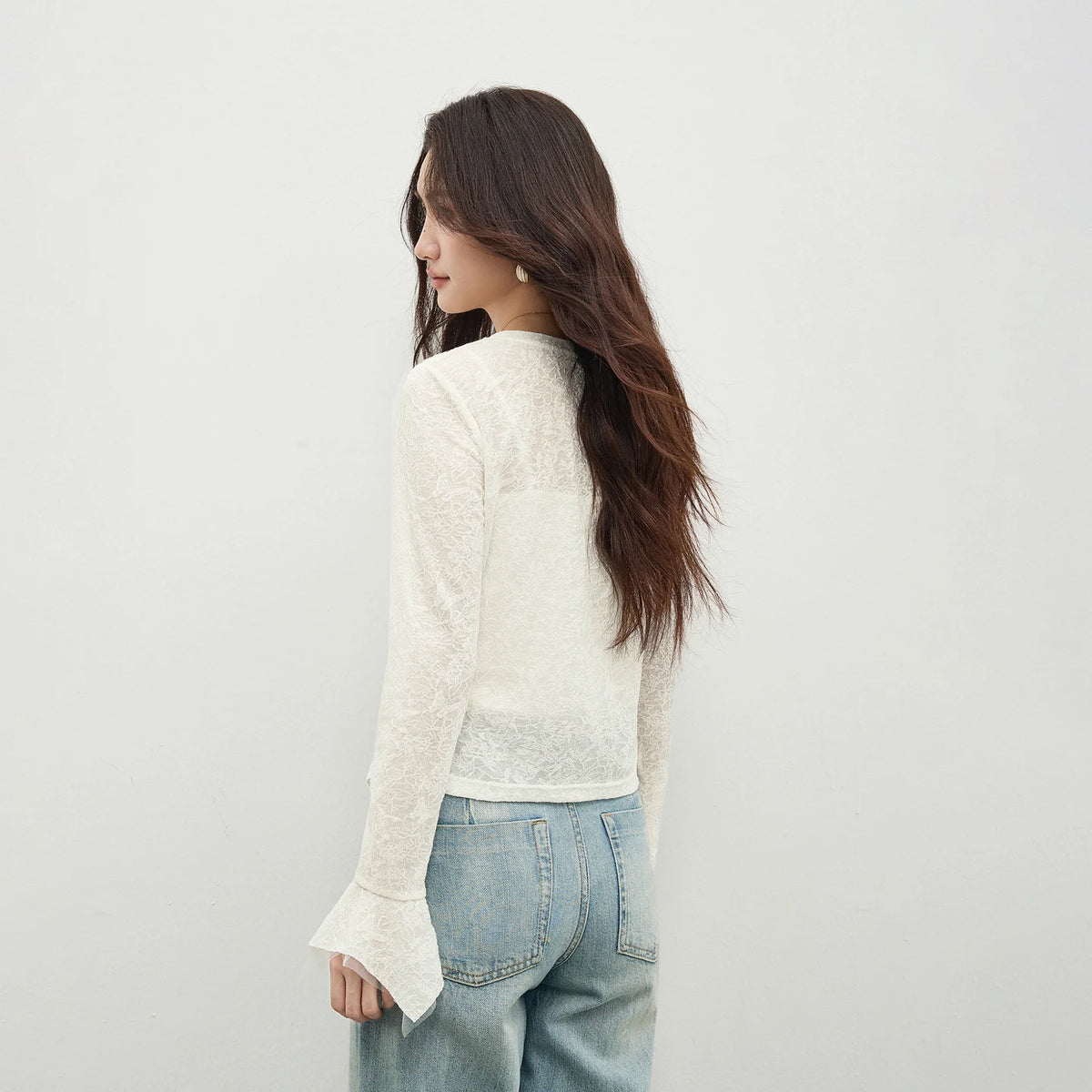 Women’s Lace Mesh T-Shirt Round Neck Flare Long Sleeves