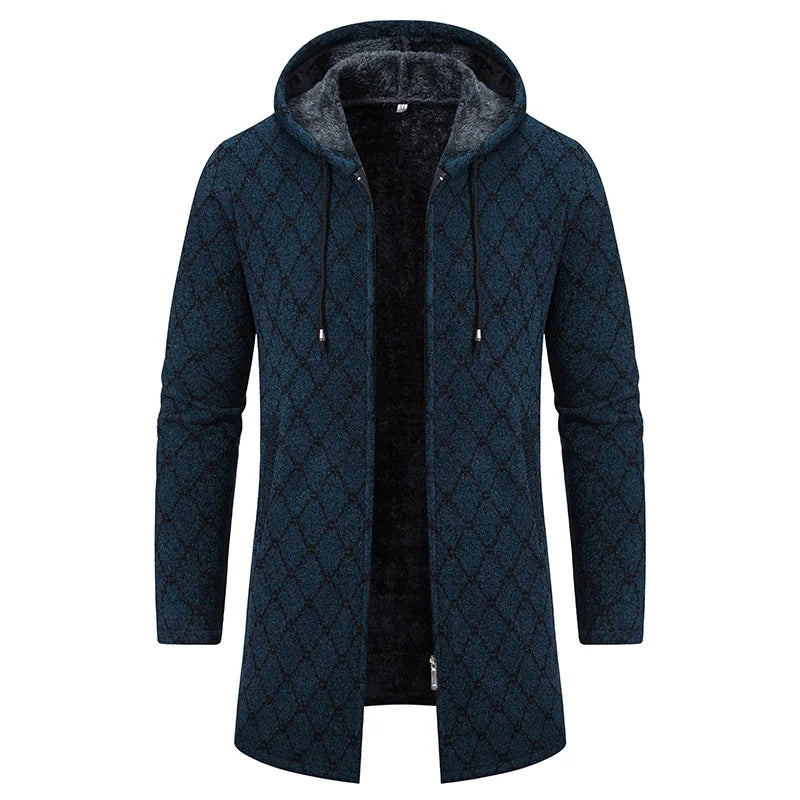 8828 Grey blue Color Men's Knit Hooded Cardigan Coat With Fleece Lining