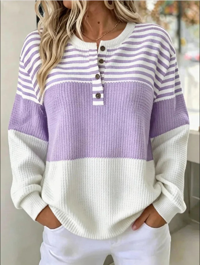 Purple Color Women’s Striped Waffle Knit Pullover – Loose Casual Fit